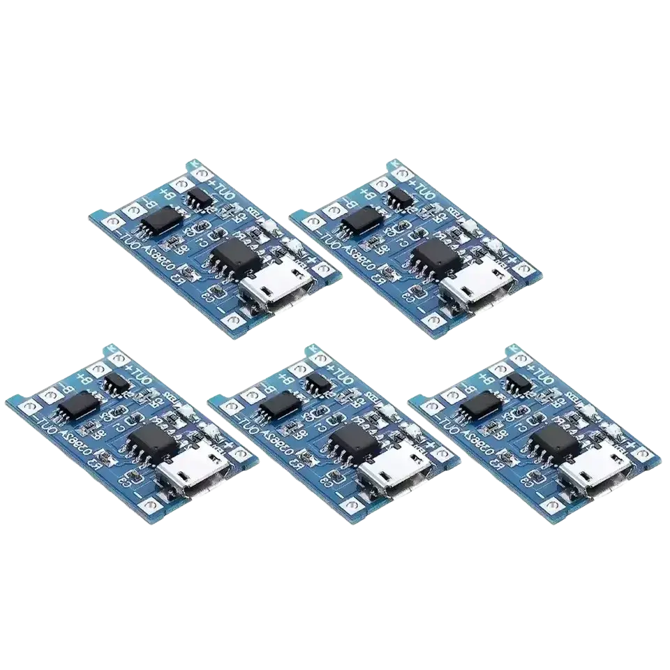 Blue lithium battery charging board with mini usb type c ports and integrated electronic components for battery charging