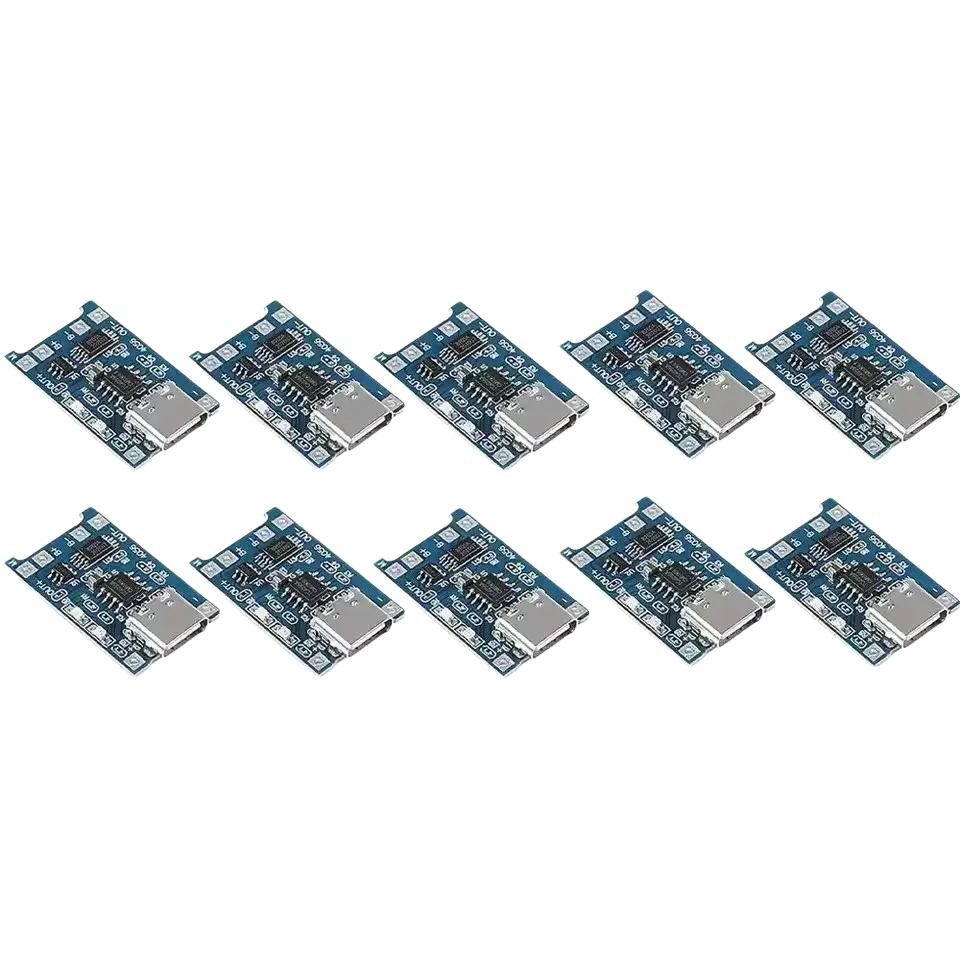 Blue lithium battery charging board with silver usb ports and black components arranged in two rows for battery charging