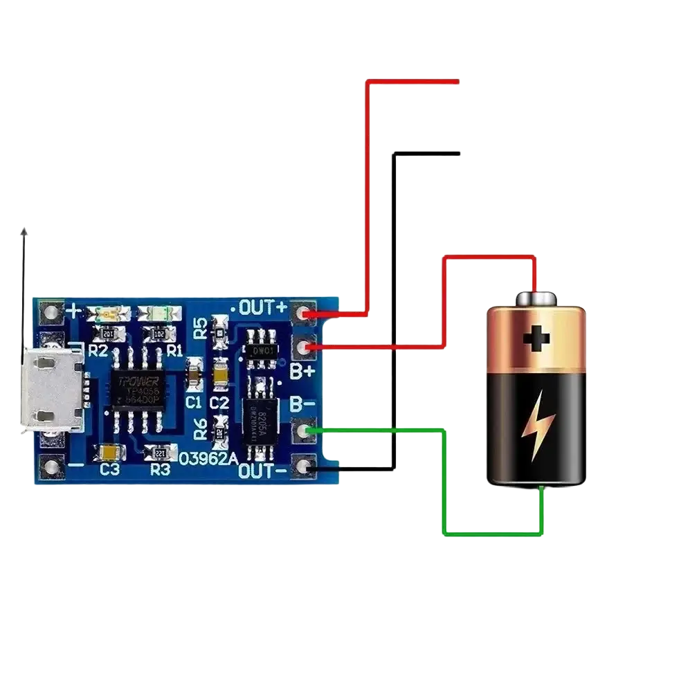 Blue lithium battery micro usb charging board with usb input and battery output connections shown from back side