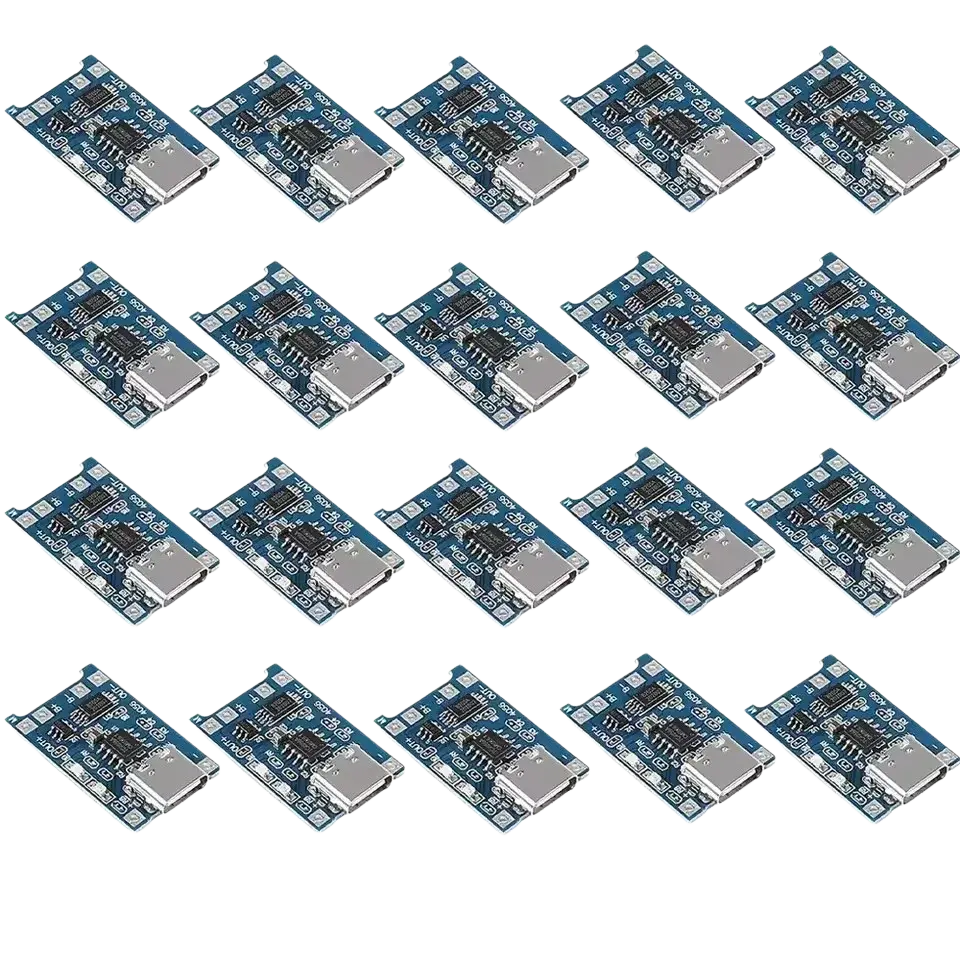 Blue lithium battery micro usb charging board with silver usb type-c ports and black electronic components