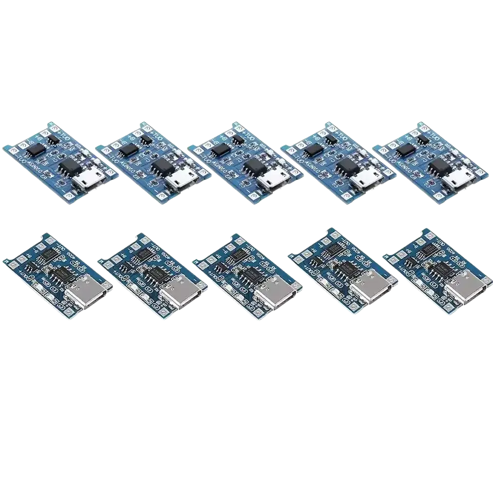 Ten blue lithium battery micro usb charging boards each with usb port and electronic components for efficient charging