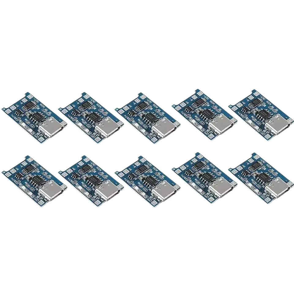 Ten blue lithium battery micro usb charging boards with silver connectors and black electronic components