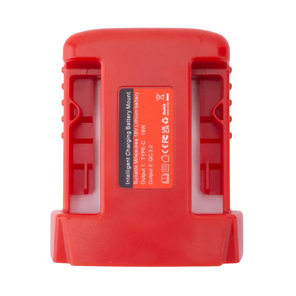 Red plastic milwaukee lithium battery power bank mount for 18v fast charging mobile devices