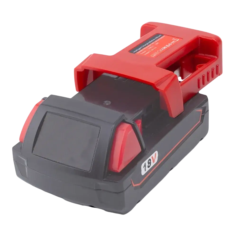 Red and black 18v lithium battery power bank with molded plastic casing for fast charging mobile phones