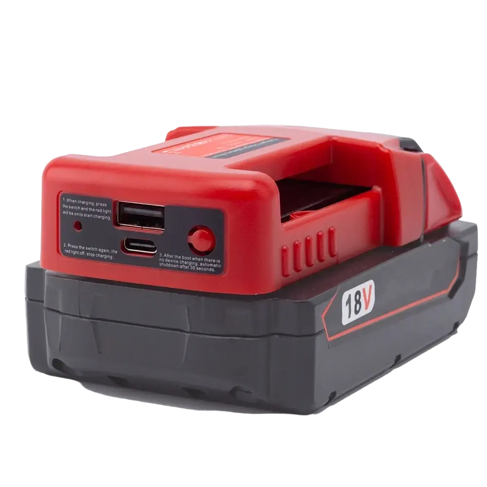 Red and black r-ling 18v lithium battery power bank with usb ports and red button for fast charging mobile phone