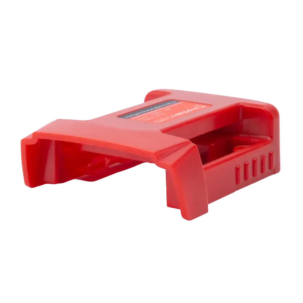 Red plastic safety lockout device with rectangular body and latch for lithium battery power bank fast charging use