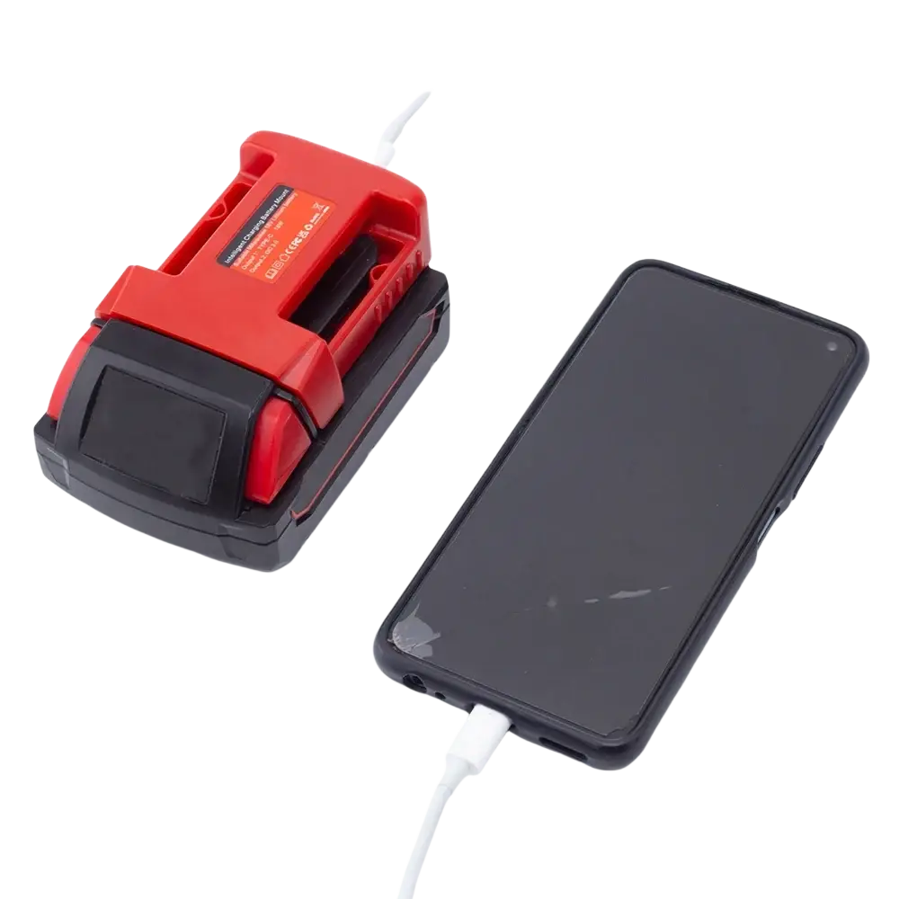 Red and black milwaukee lithium battery power bank with white cable for fast charging 18v mobile phone devices