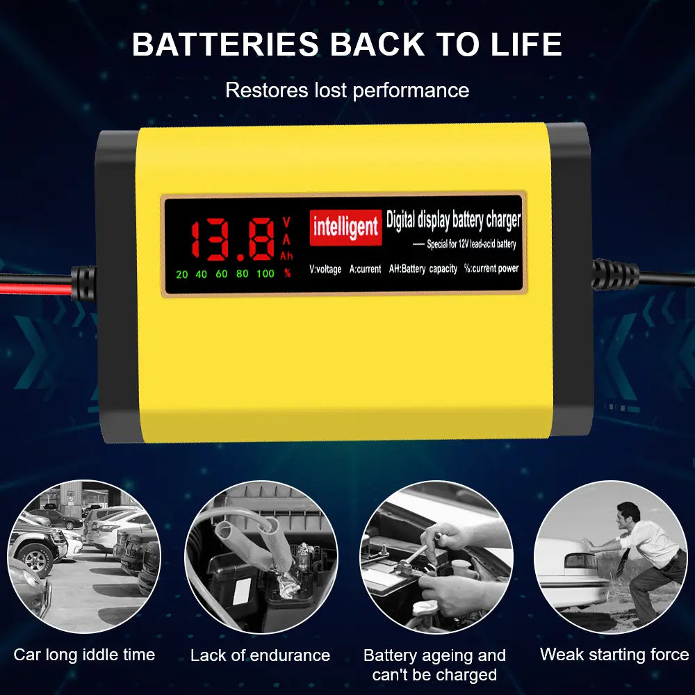 cargador inteligente para batería de automóvil de 12 V amarillo y negro de 2 A, AGM y gel, con pantalla digital y pantalla LED roja que muestra voltaje, corriente y porcentaje