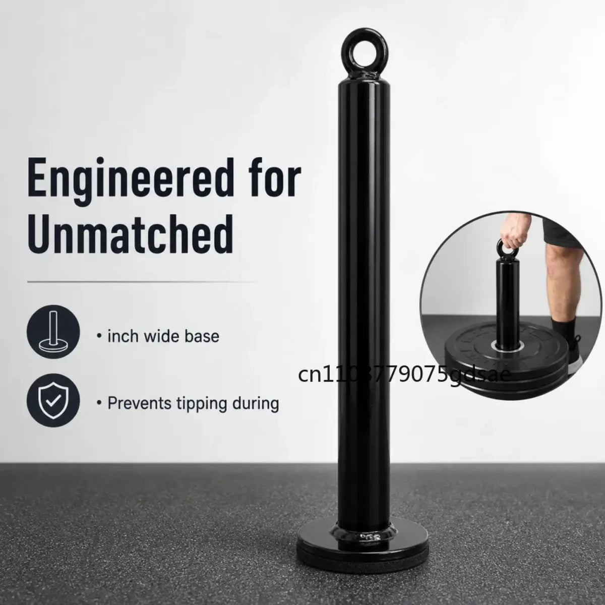 Black cylindrical loading pin weight stack cable attachment with circular loop and wide stable base for pull-up bar use