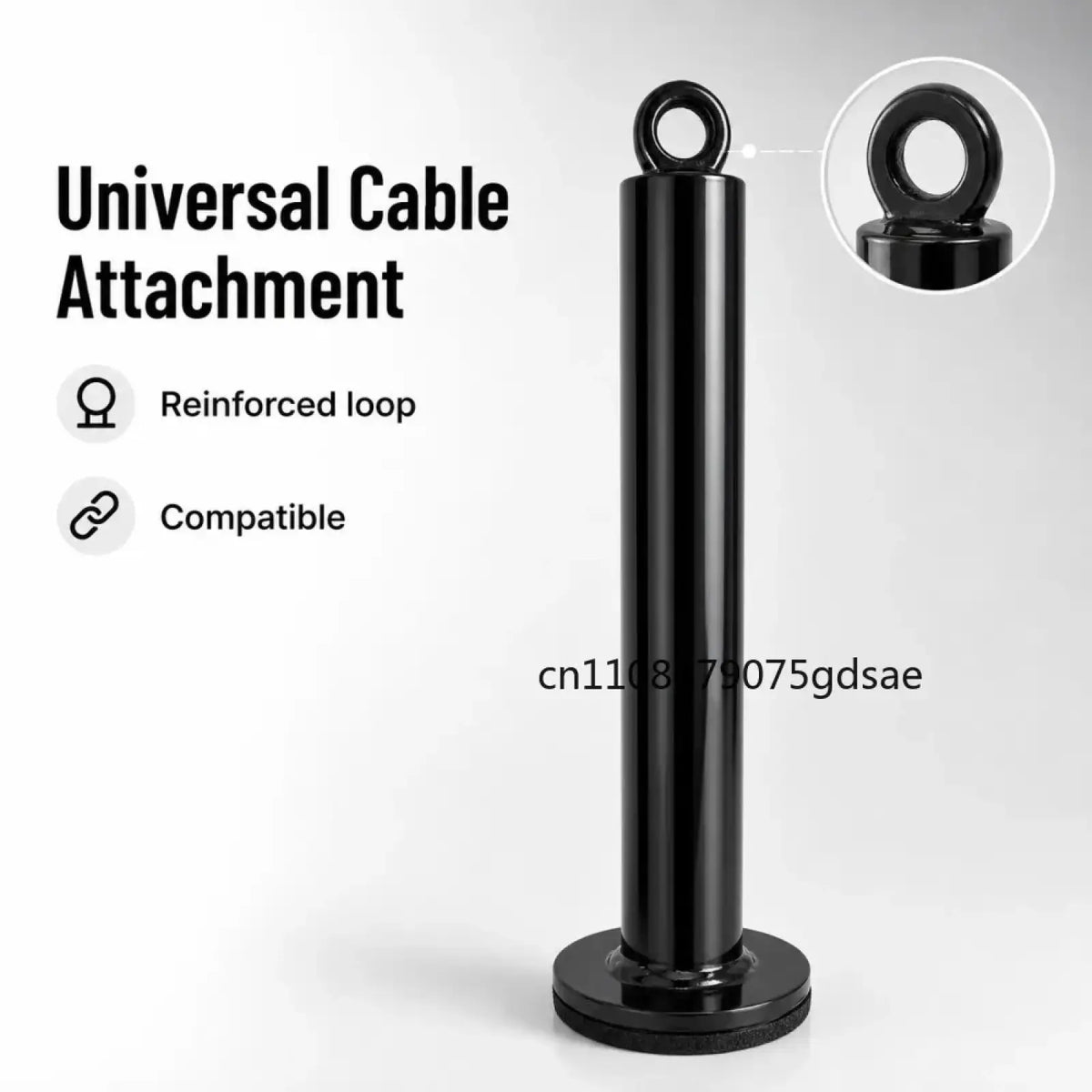 Black cylindrical universal loading pin weight stack cable attachment with reinforced loop and flat base for gym equipment