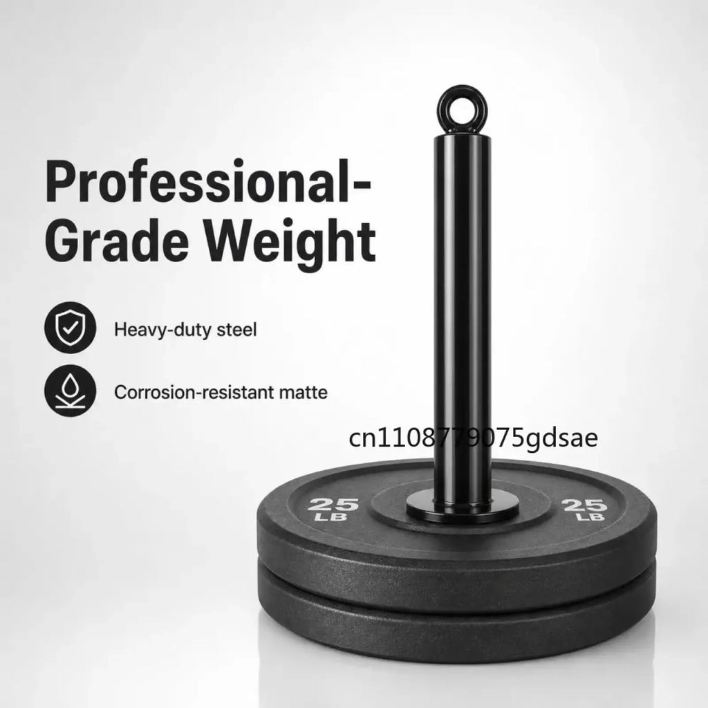 Black professional-grade loading pin weight stack cable attachment with two 25-pound plates and matte steel bar