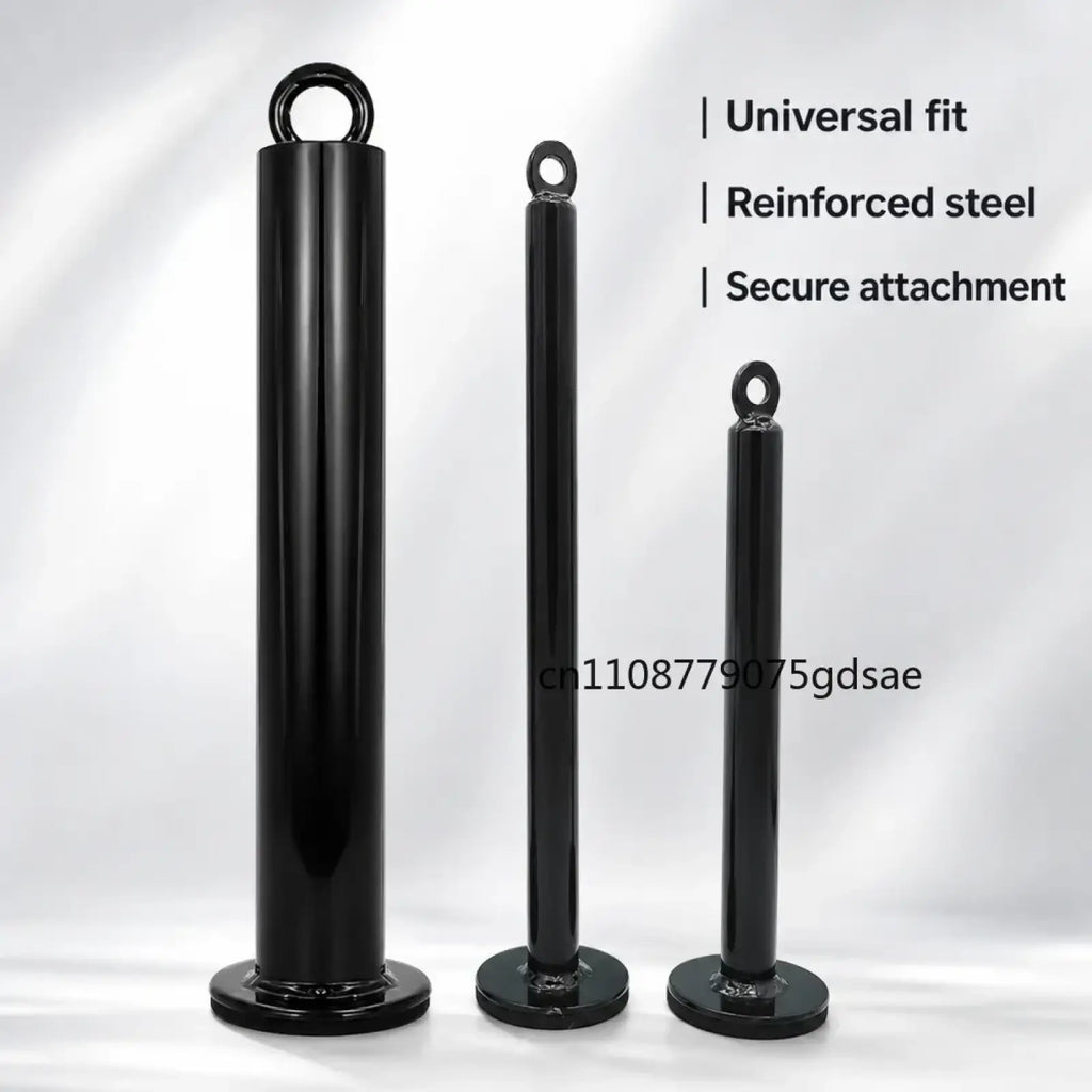 Black reinforced steel loading pin weight stack cable attachment with circular tops and flat bases