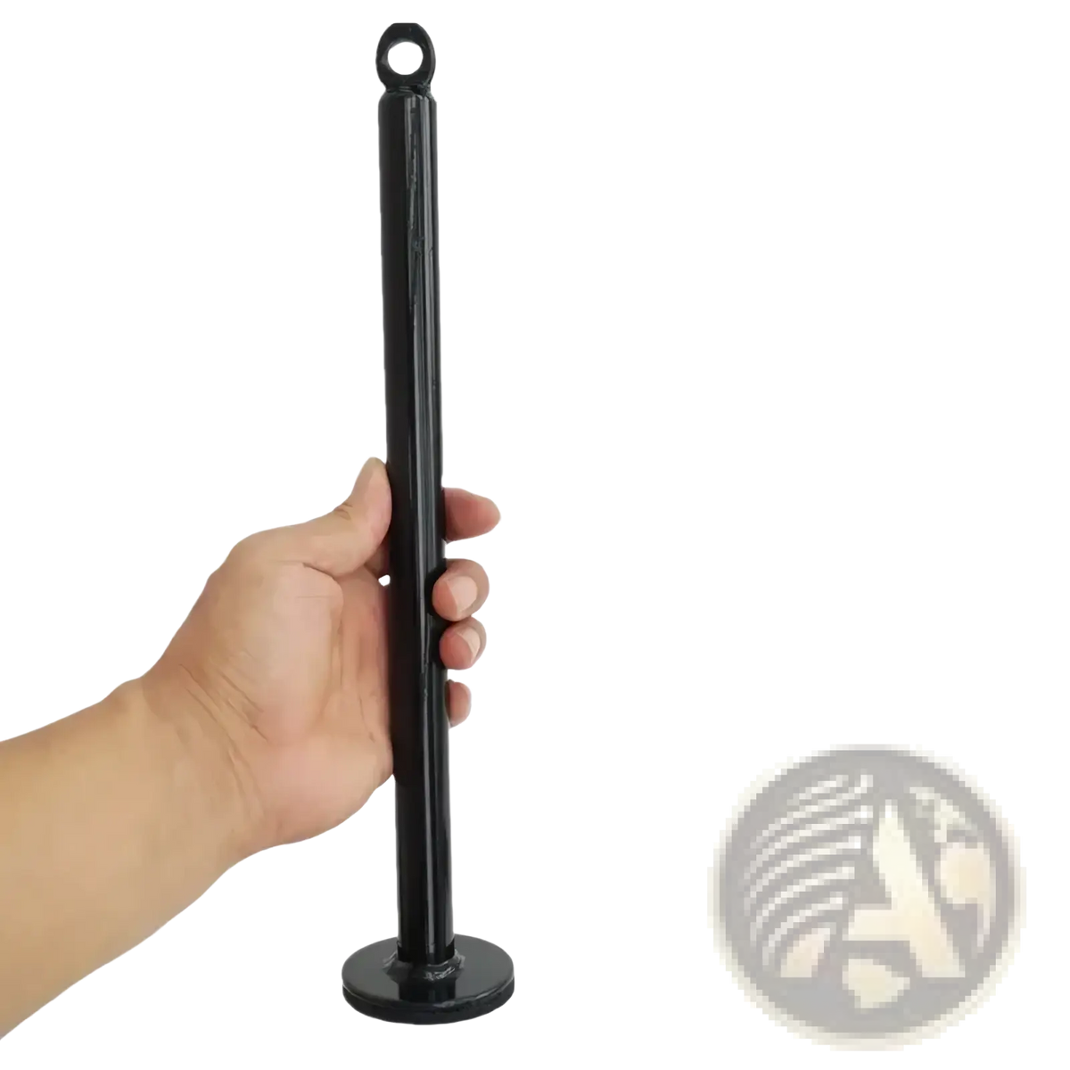 Black metal loading pin weight stack cable attachment with circular loop and flat base for stability