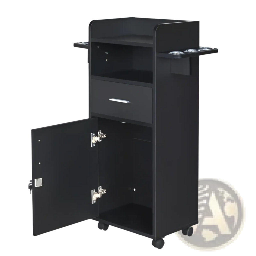 Black lockable rolling salon trolley with single drawer, open cabinet door showing silver hinges and lock, and side cup holder shelves