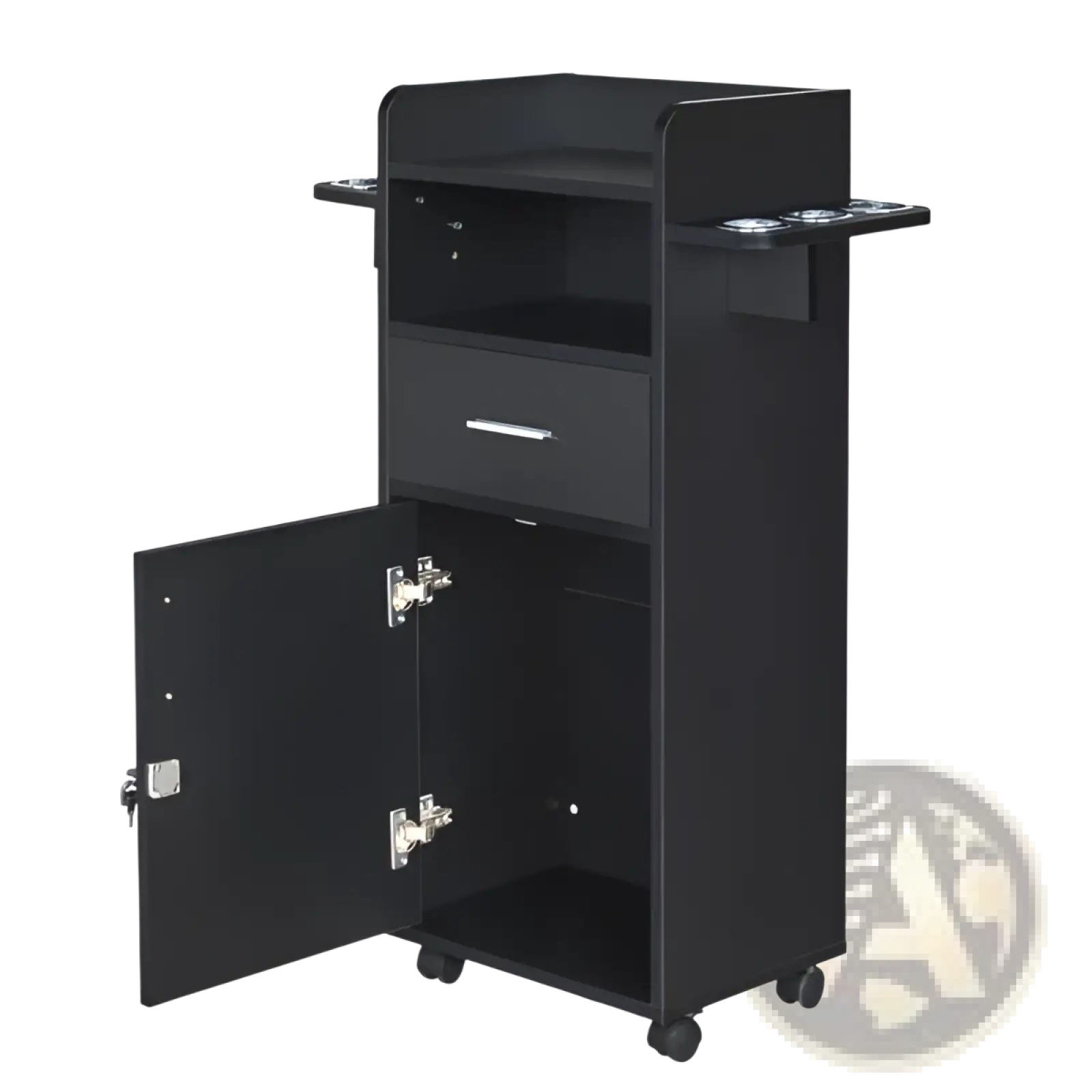 Black lockable rolling salon trolley with single drawer, open cabinet door showing silver hinges and lock, and side cup holder shelves