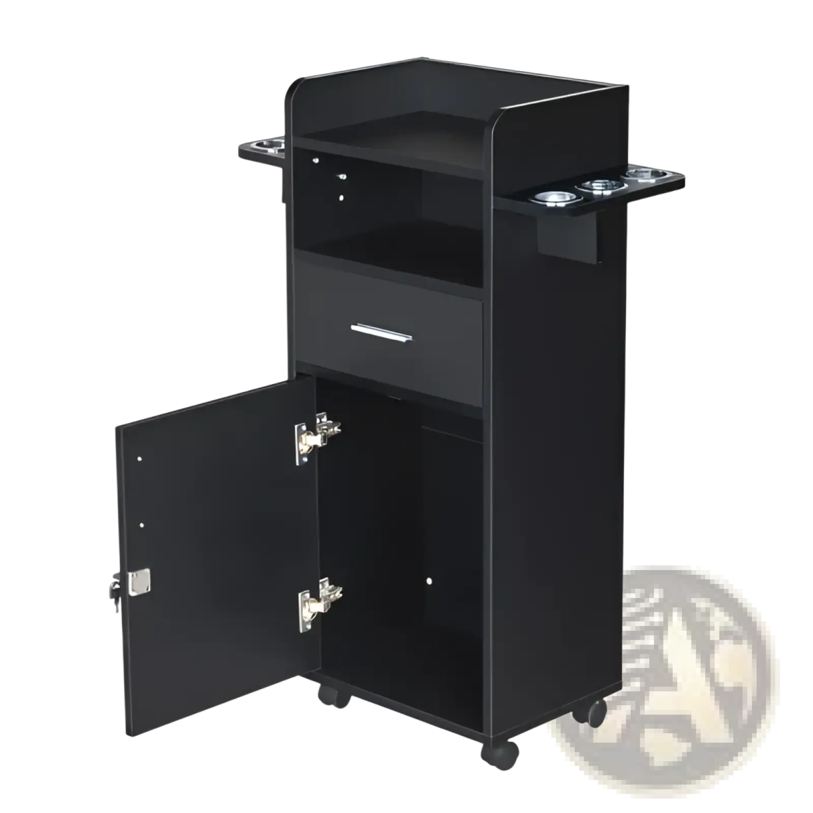 Lockable rolling salon trolley in black with one drawer open cabinet door silver hinges locks side trays cup holders and caster wheels