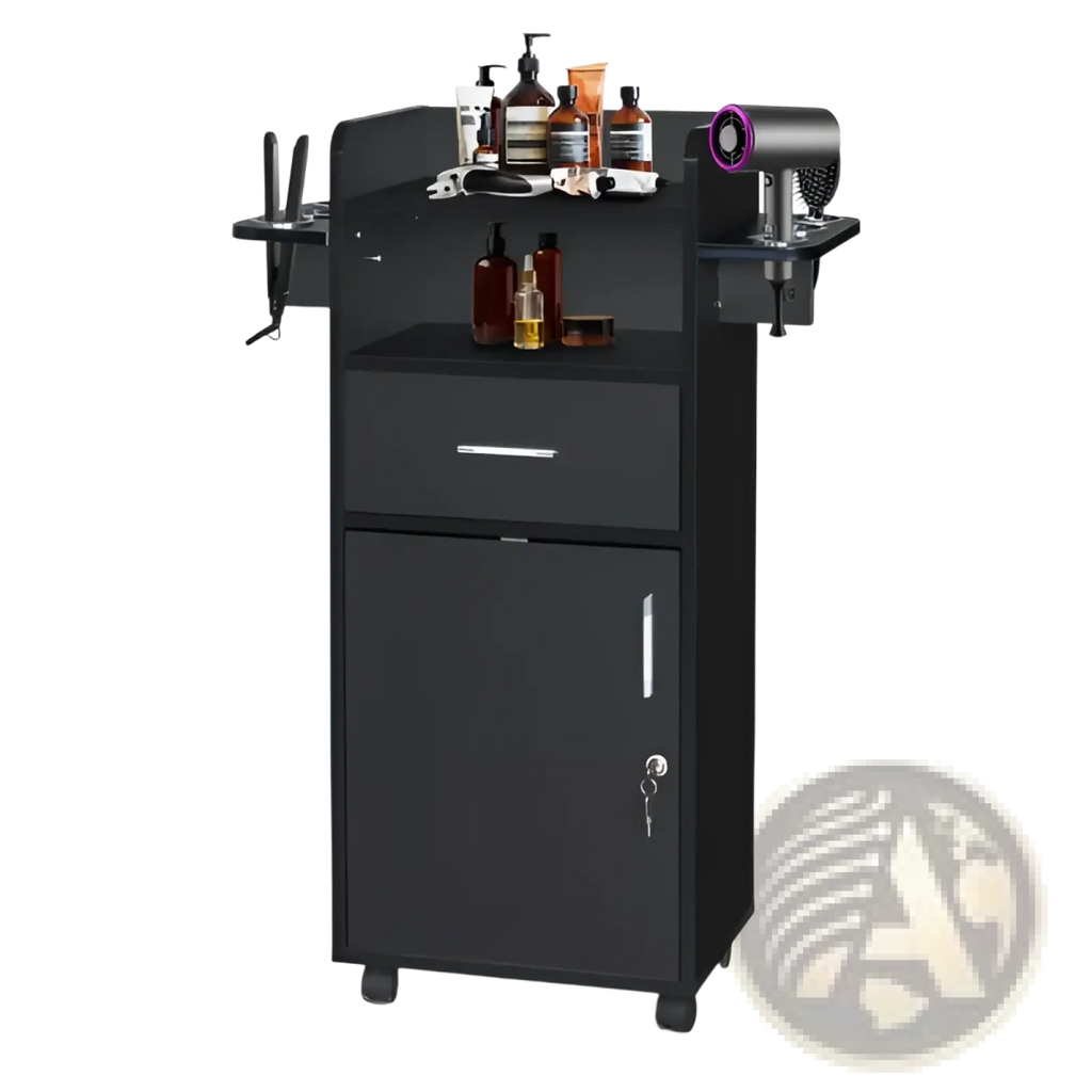 Black lockable rolling salon trolley with six tool holders top shelf drawer above cabinet with key lock for salon use
