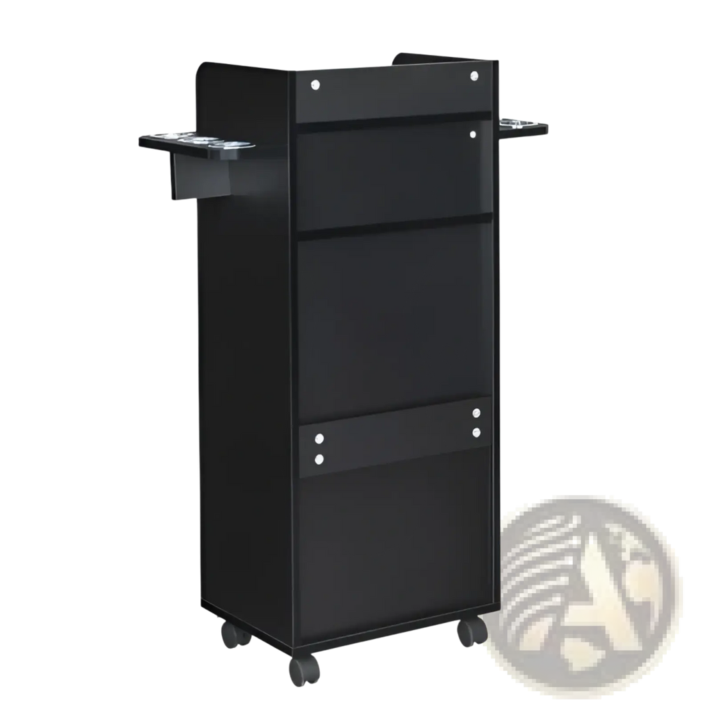 Black metal lockable rolling salon trolley with four drawers side trays and six tool holders for professional use