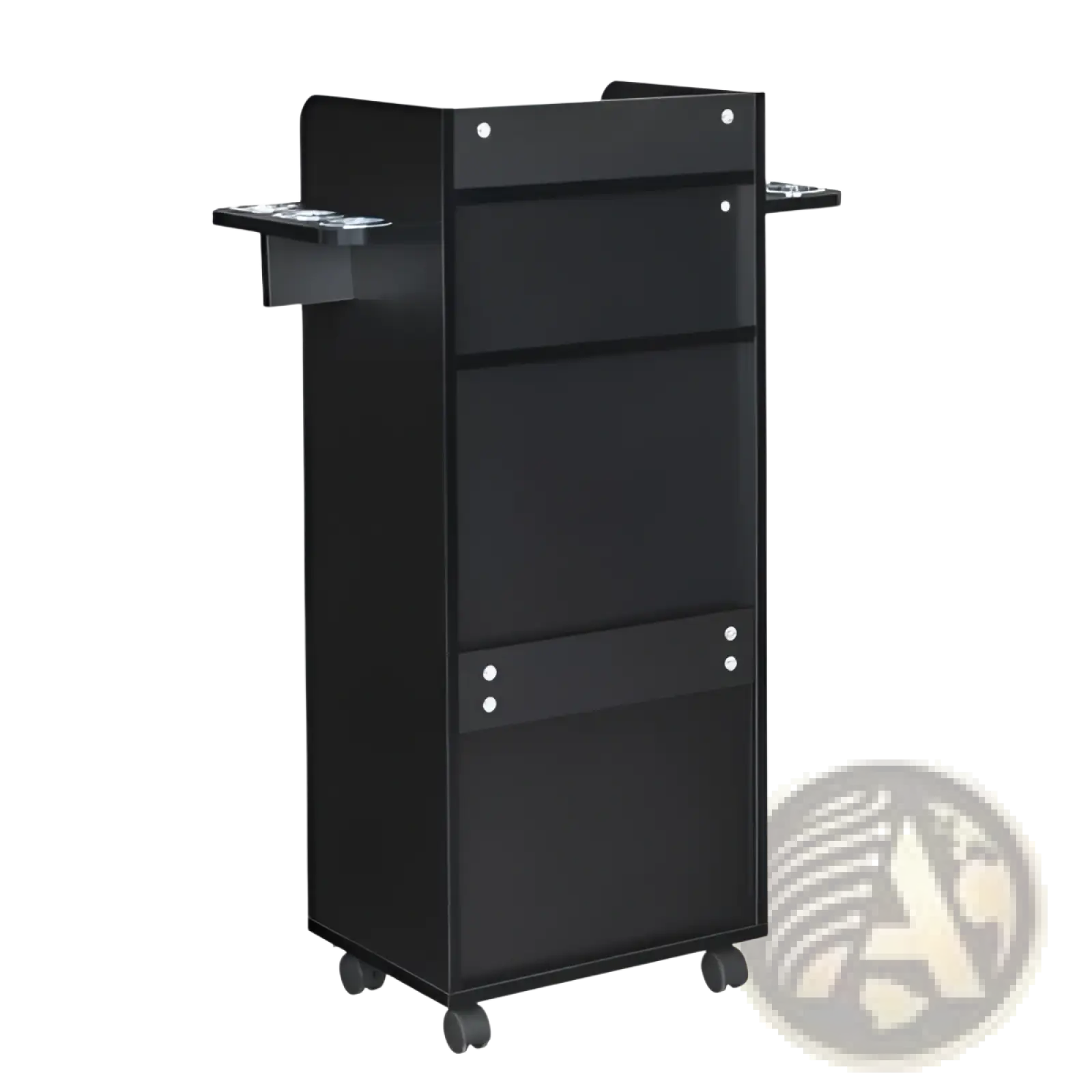 Black metal lockable rolling salon trolley with four drawers side trays and six tool holders for professional use