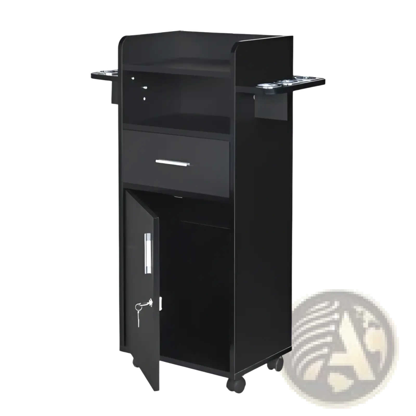 Black lockable rolling salon trolley with glossy finish top shelf single drawer and open cabinet showing storage space