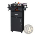 Black lockable rolling salon trolley with sleek design two drawers one cabinet door and six tool holders on wheels