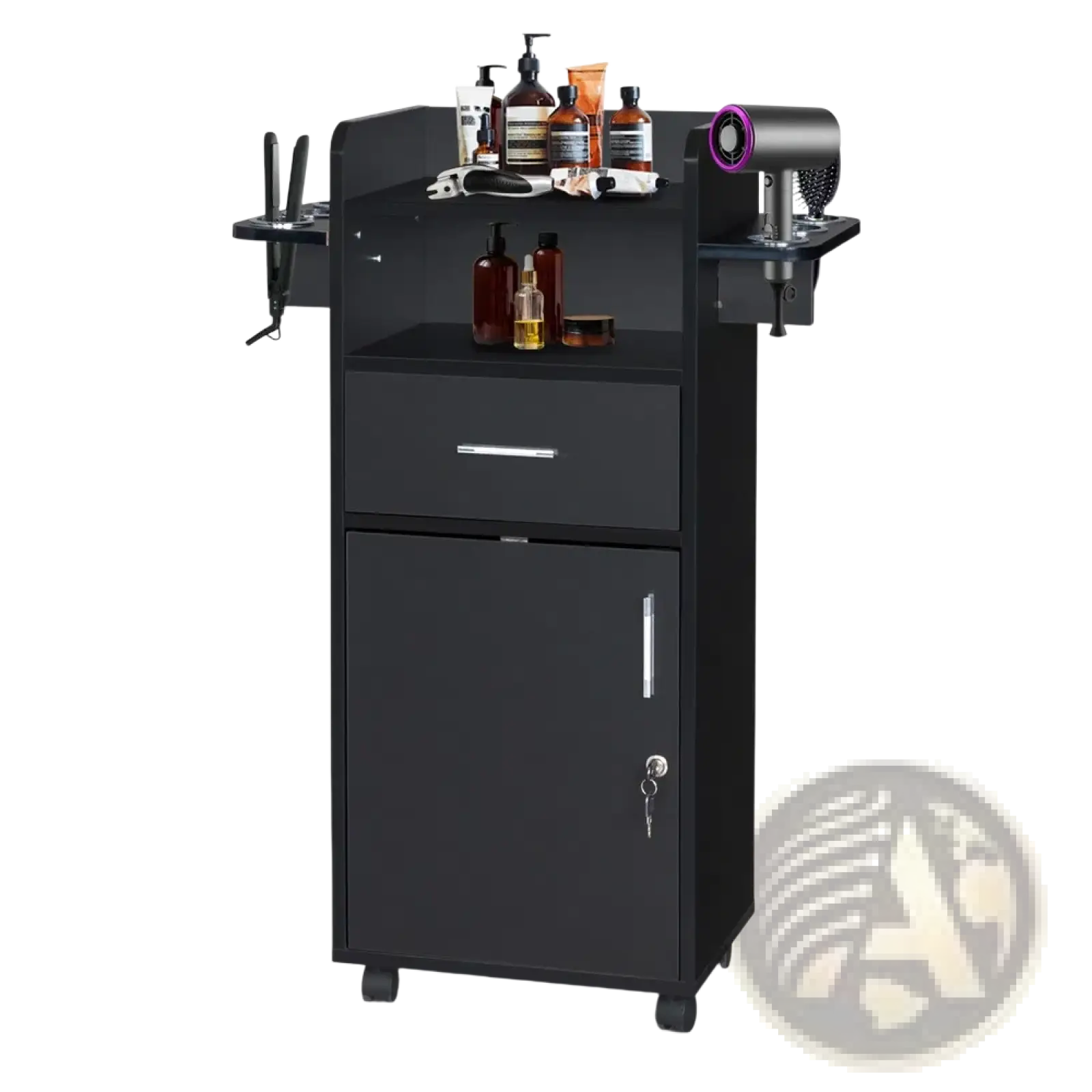 Black lockable rolling salon trolley with sleek design two drawers one cabinet door and six tool holders on wheels