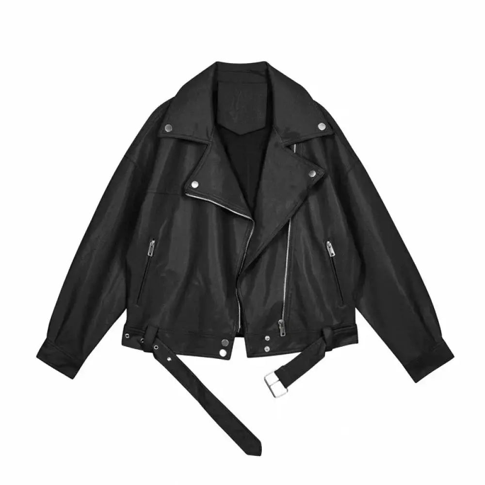 Women’s black faux leather belted biker moto jacket with silver zippers and snap buttons visible from the front