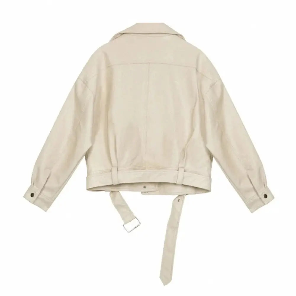 Beige women’s faux leather belted biker moto jacket with a relaxed fit and subtle stitching details