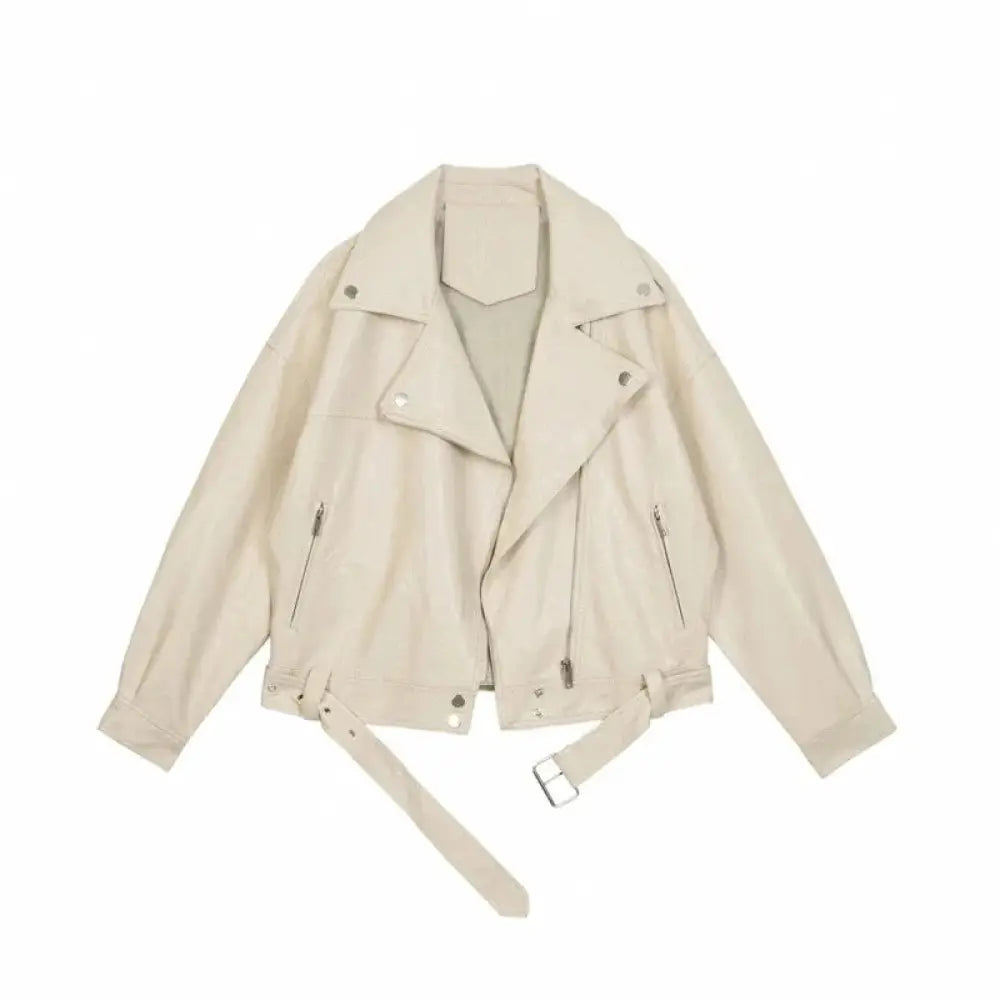Beige faux leather women’s biker moto jacket with belted waist and silver zippers for a stylish look