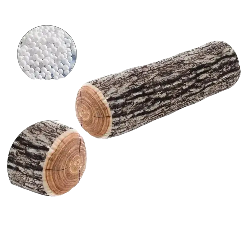 A plush log throw pillow with realistic bark texture and light brown wood grain cylinder cushion ends