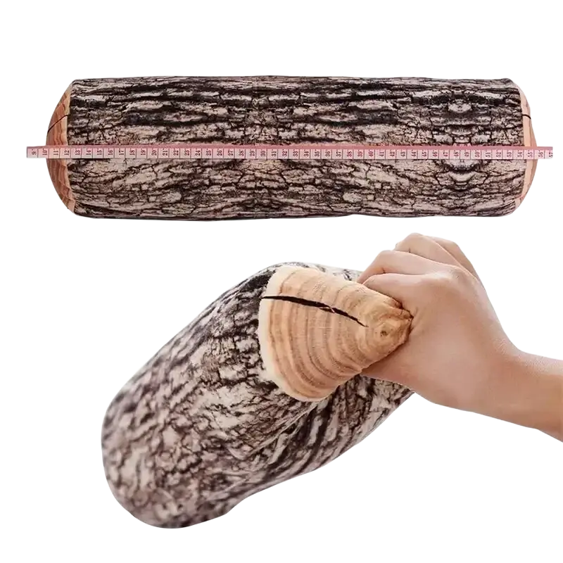 A plush 40cm log throw pillow with realistic brown bark texture and soft wood-grain inner lining