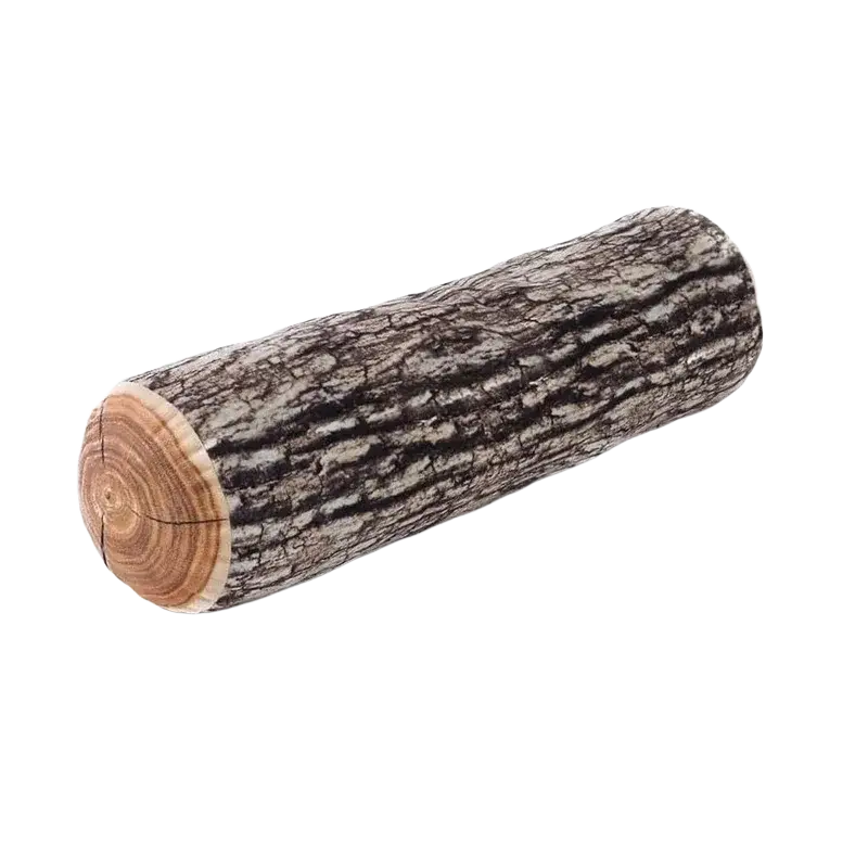 A plush cylinder throw pillow designed as a realistic wood grain log with brown and gray bark texture