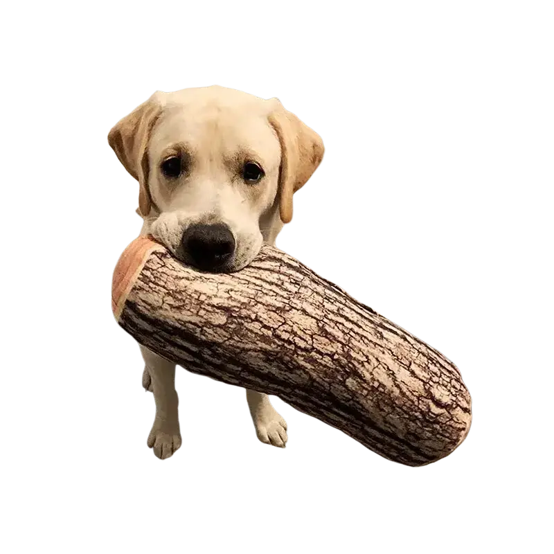 A plush log throw pillow designed as a realistic wood grain cylinder cushion with brown and beige bark texture