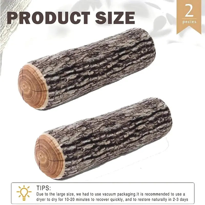 Two faux wood log-shaped pillows with realistic bark texture and light brown cylindrical wood grain ends