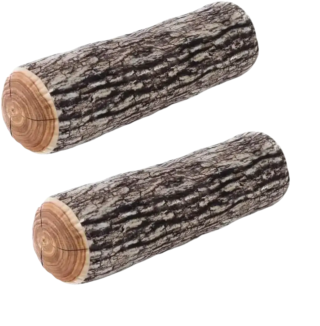 Two log throw pillows with realistic wood grain bark texture and natural wood-colored ends for cozy decor