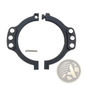 Black 3d-printed circular bracket with three holes and matching screw and nut for Logitech magnetic paddle shifter mod g29 g920 g923