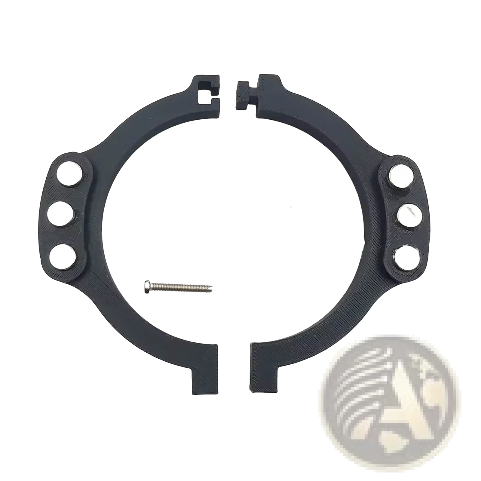 Black 3d-printed circular bracket with three holes and matching screw and nut for Logitech magnetic paddle shifter mod g29 g920 g923