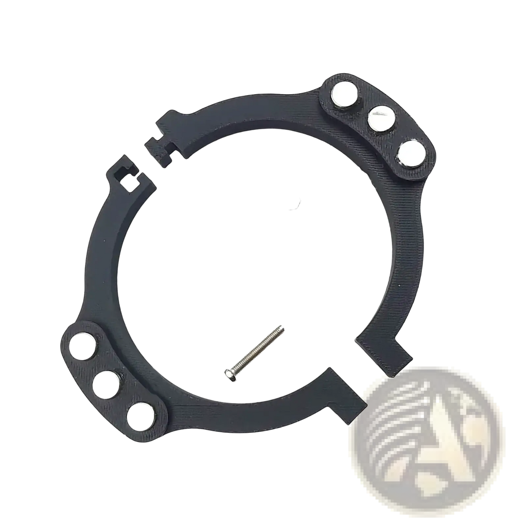 Black 3d-printed circular clamp with three mounting holes and matching screw for logitech magnetic paddle shifter mod g29 g920 g923