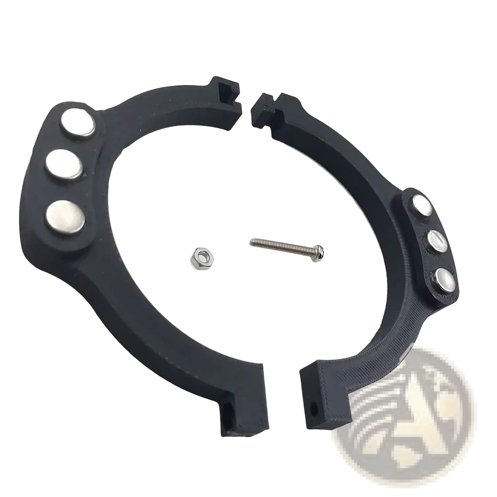 Black plastic camera lens mount ring with silver screws and matching bolt for Logitech magnetic paddle shifter mod G29 G920 G923