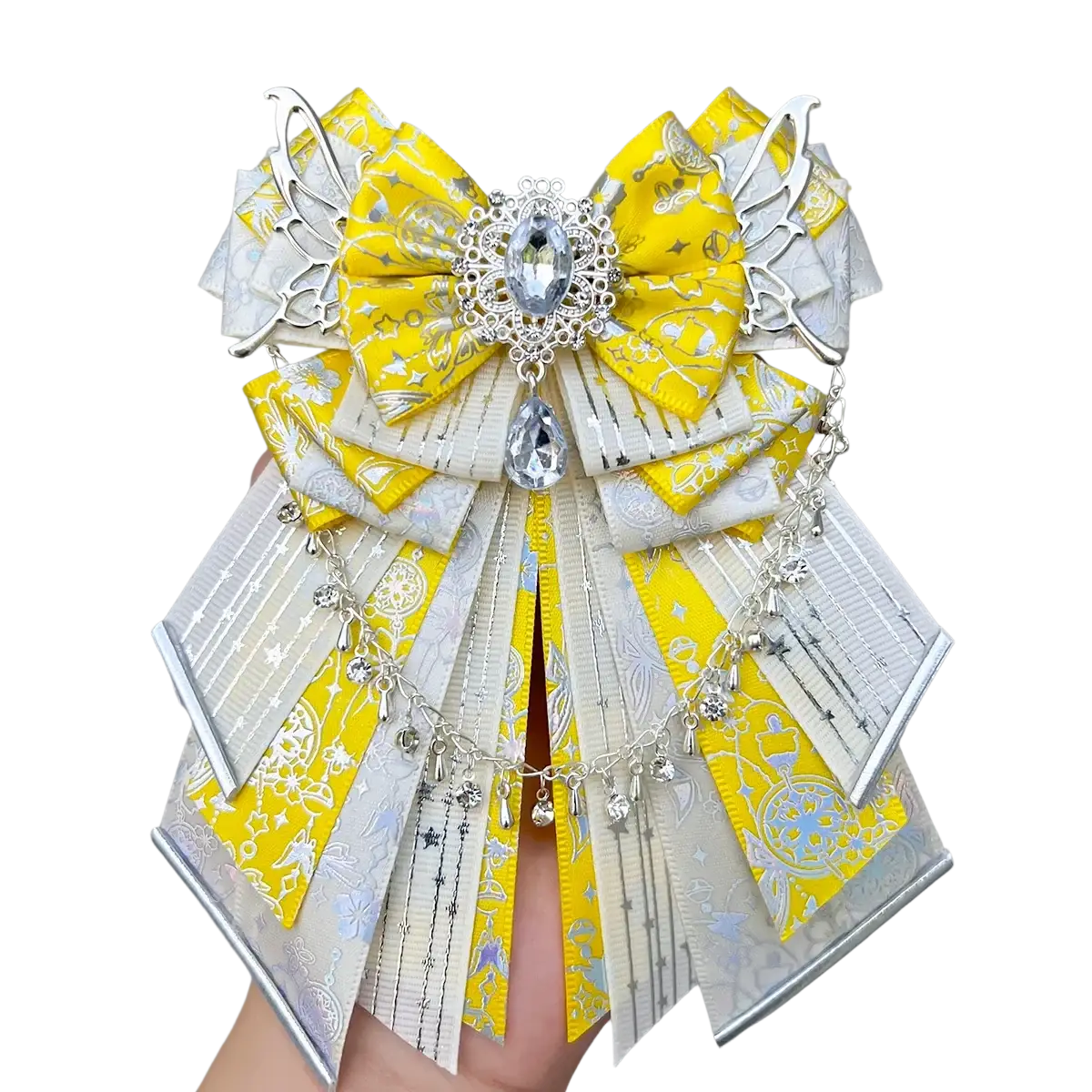 Luxury ins style handmade ita bag bow in yellow and silver with butterfly accents, crystal center, and charm chains