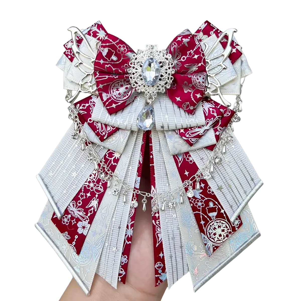 Luxury ins style handmade aid fan bow ita bag accessory in red and white with silver butterflies crystal and long chains