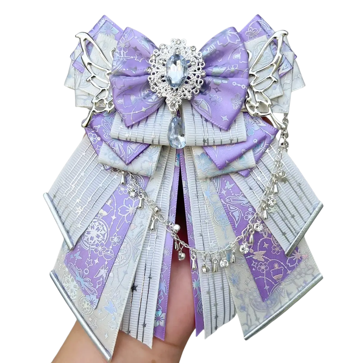 Luxury ins style handmade ita bag bow accessory featuring lavender and silver butterfly wing pattern with gemstone and crystals