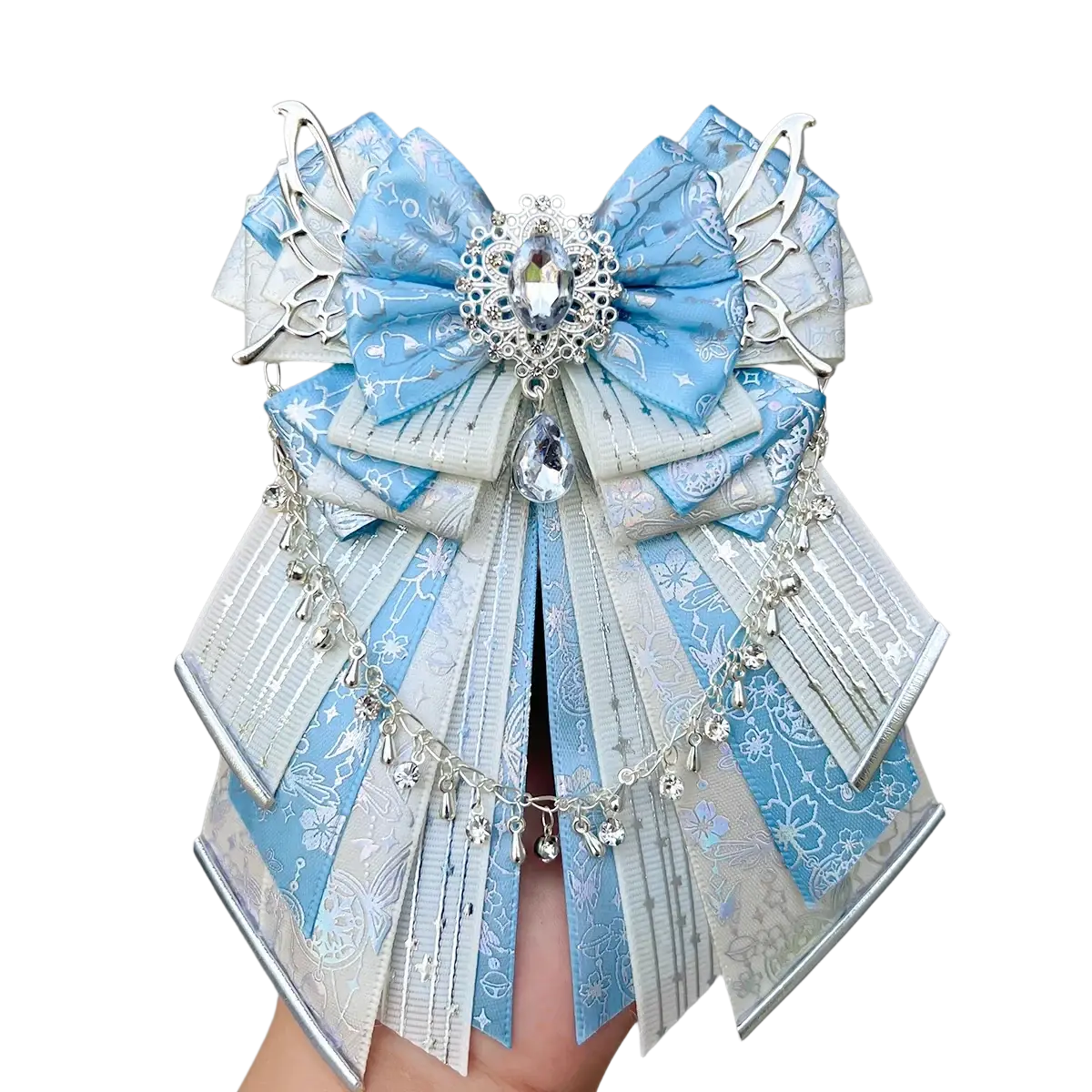 Luxury ins style handmade aid fan bow ita bag accessory in light blue silver with metallic butterfly and crystal charm details