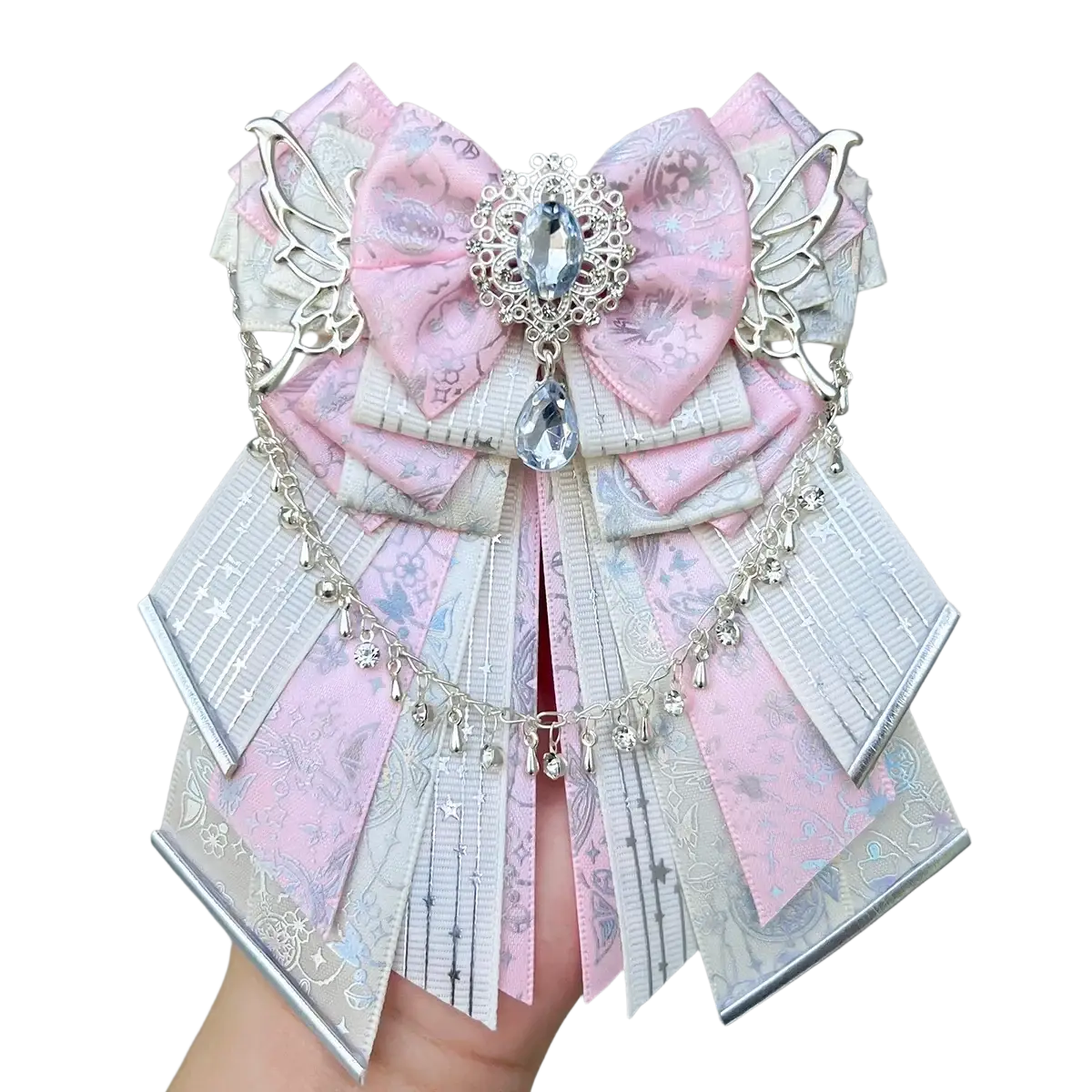 Luxury ins style handmade pink and silver butterfly hair accessory with layered ribbons crystal and metallic charms