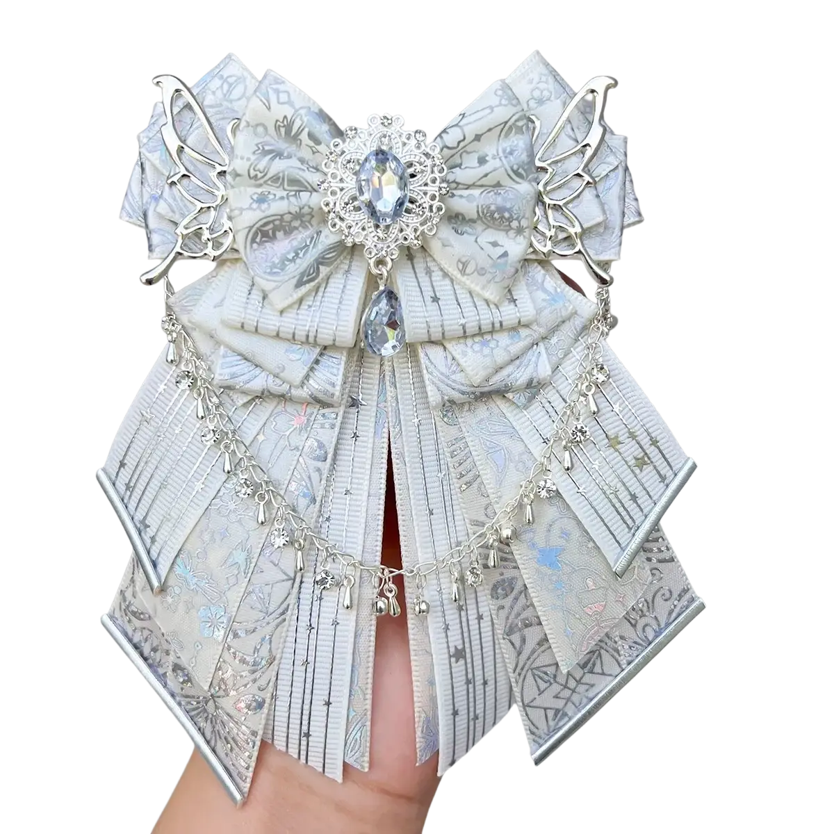 Luxury ins style delicate silver butterfly bow pin with lace wings crystal centerpiece and dangling charms charm accessory
