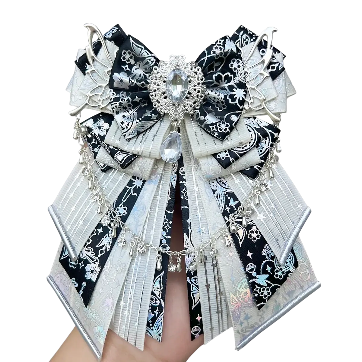 Luxury ins style handmade aid fan bow ita bag accessory featuring elegant black and white pattern silver butterfly and crystal centerpiece with dangling chains