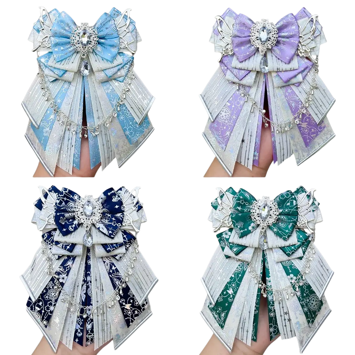 Elegant handmade multi-layered bow clips in blue purple navy and green with silver embellishments for ita bag charm