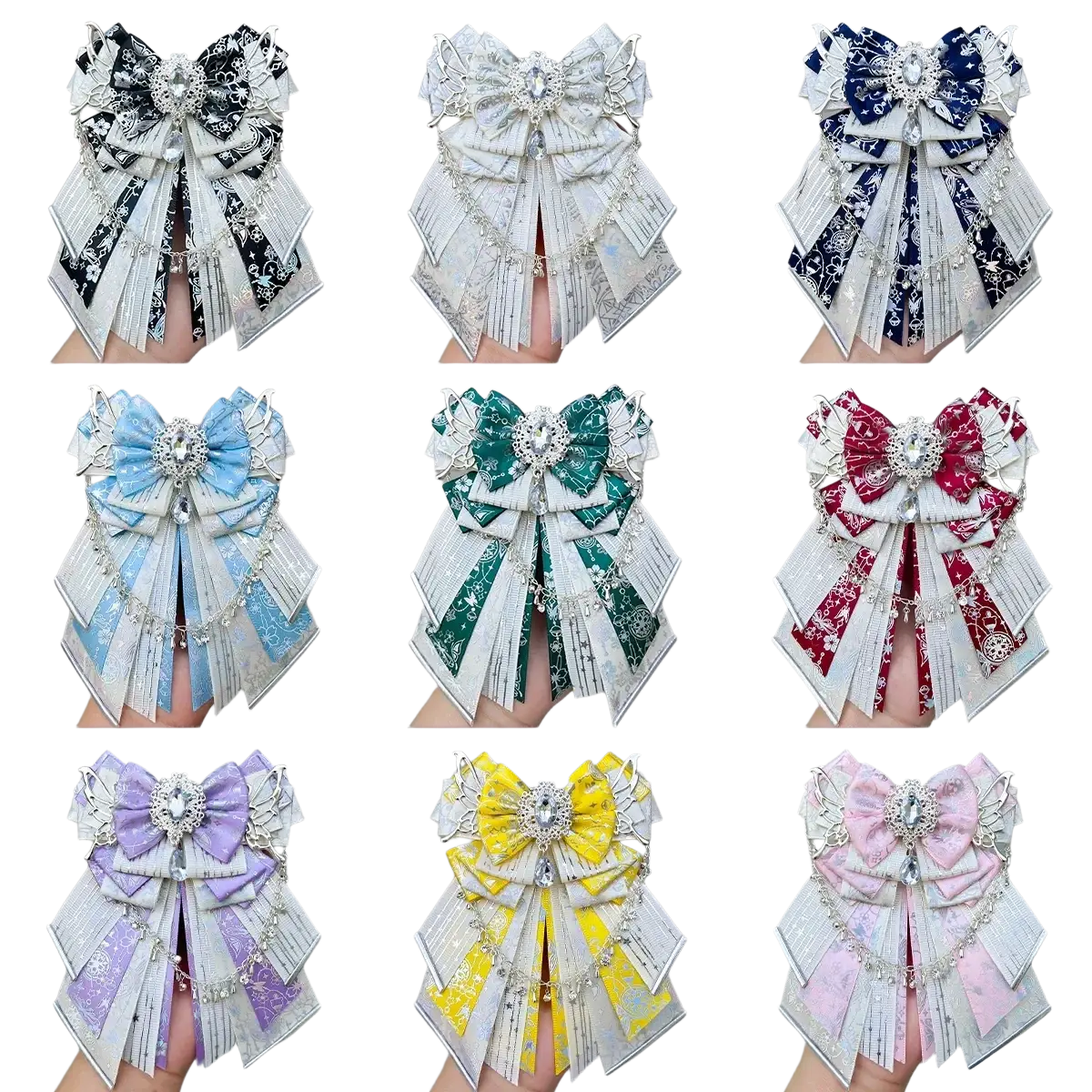 Elegant multi-layered ribbon bows in assorted colors with sparkling crystal centers for luxury aid fan bag accessories