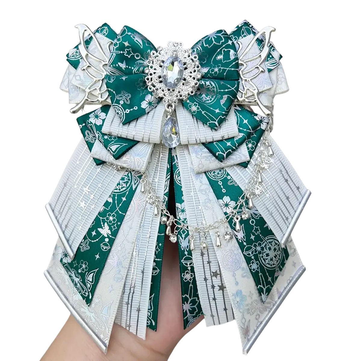 Luxury ins style handmade ita bag bow in emerald and white ribbon with silver butterflies and crystal embellishment