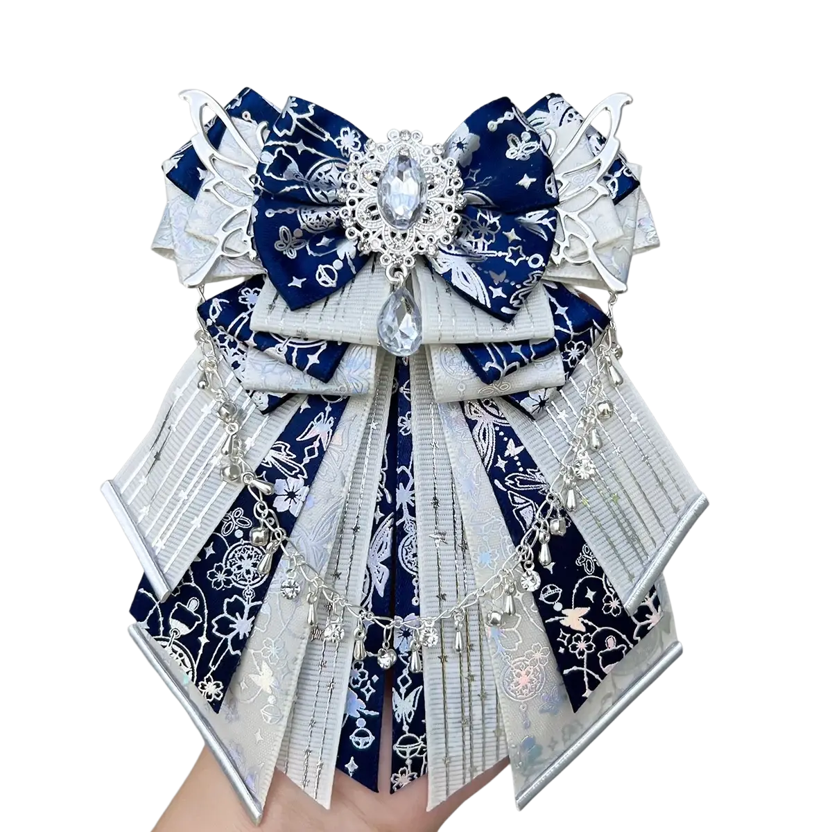 Luxury ins style handmade aid fan bow ita bag accessory featuring navy silver patterned ribbon with central crystal embellishment